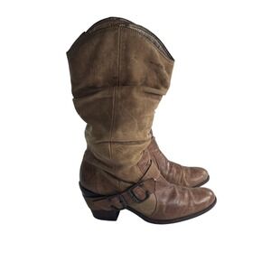 VTG Leather‎ Slouch Cowboy Boots Women's Sz 8 Pull On Mid Calf Brown Heeled Boho